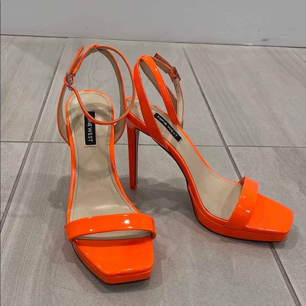 Nine West Orange Heels with Square Toe and Ankle Straps